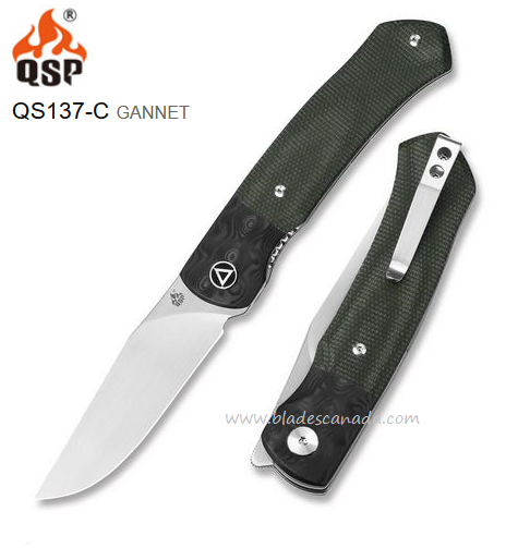 QSP Gannet Flipper Folding Knife, 154CM, Micarta Green/Carbon Fiber, QS137-C